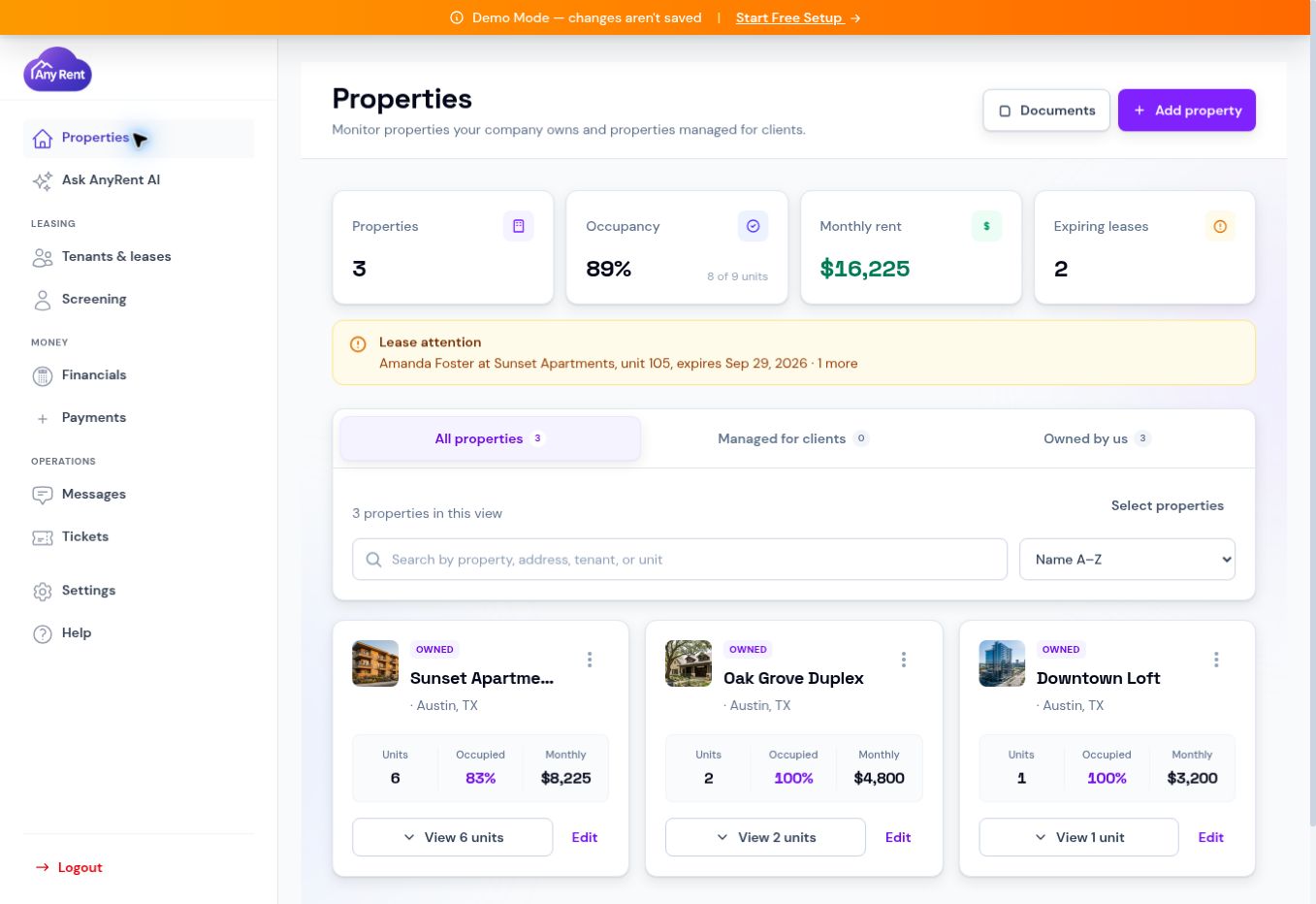 AnyRentCloud public demo Properties screen showing three sample properties and eight of nine units occupied.